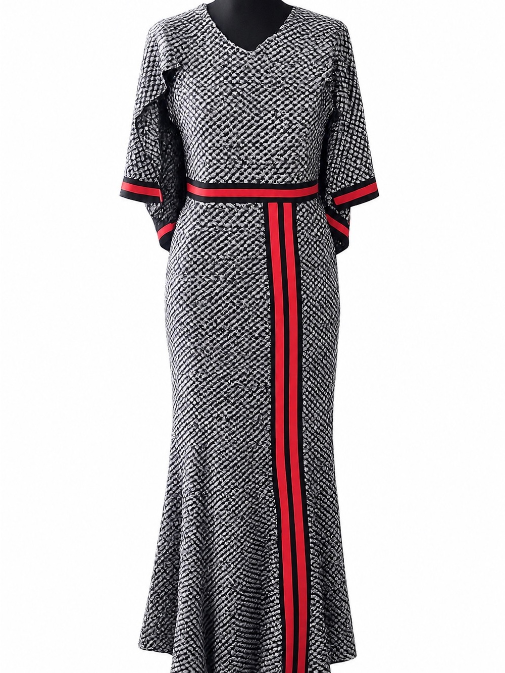 Vintage Black & White Geometric Maxi Dress with Red Stripe